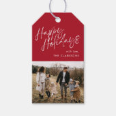 赤いモダンシンプルScript Photo Happy Holidays ギフトタグ (正面)