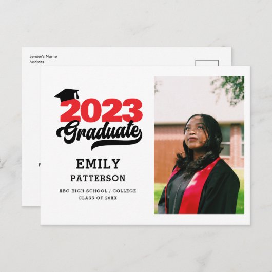 赤いモダンスクリプエレガントト写真の卒業 案内ポストカード (正面/裏面)