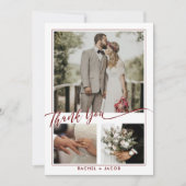 赤いモダンスクリプトオーバーレイ写真コラージュ結婚ズ サンキューカード (正面)