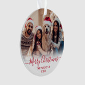 赤いモダンスクリプトホワイト2フォトメリークリスマス オーナメント (正面)