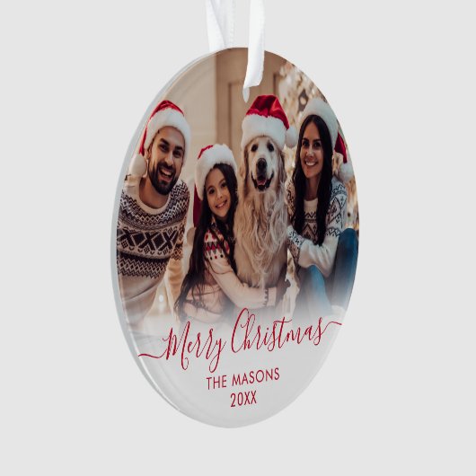 赤いモダンスクリプトホワイト2フォトメリークリスマス オーナメント (正面)
