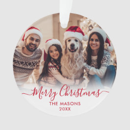 赤いモダンスクリプトホワイト2フォトメリークリスマス オーナメント