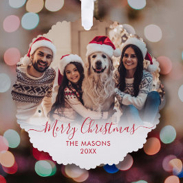 赤いモダンスクリプトホワイト2写真クリスマス オーナメントカード