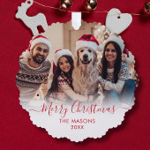 赤いモダンスクリプトホワイト2写真クリスマス オーナメントカード