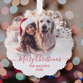 赤いモダンスクリプトホワイト2写真クリスマス オーナメントカード