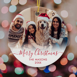 赤いモダンスクリプトホワイト2写真メリークリスマス セラミックオーナメント