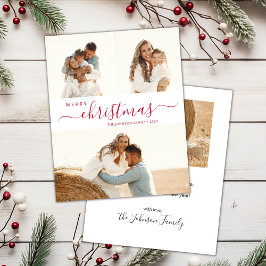 赤いモダンスクリプト3フォトコラージクリスマスカード 招待状