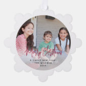 赤いモダンスクリプミニマルト2写真メリークリスマス オーナメントカード (正面)