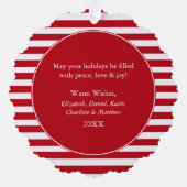 赤いモダンストライプクリスマスの写真 オーナメントカード (裏面)