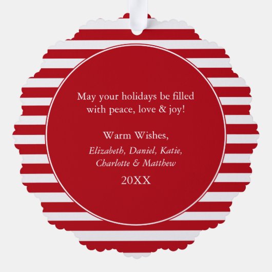赤いモダンストライプクリスマスの写真 オーナメントカード (裏面)