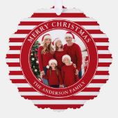 赤いモダンストライプクリスマスの写真 オーナメントカード (正面)