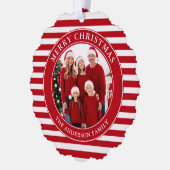 赤いモダンストライプクリスマスの写真 オーナメントカード (左)