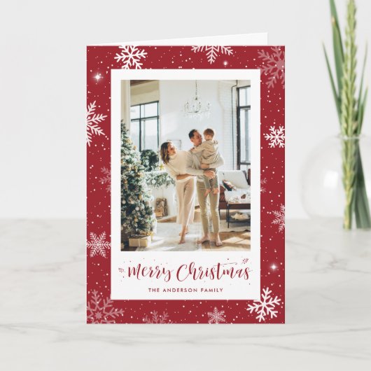 赤いモダンスノーフレーク写真メリークリスマス シーズンカード (正面)
