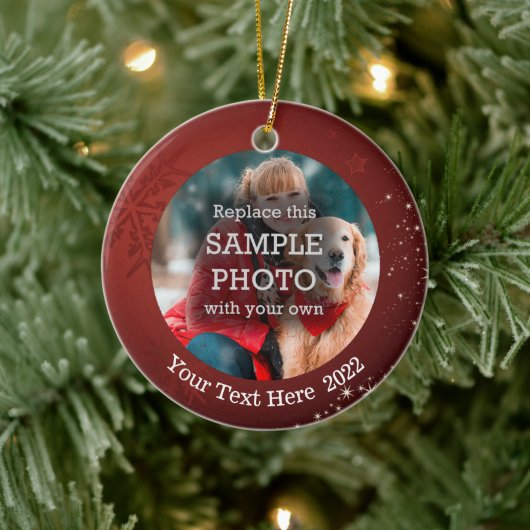 赤いモダンスノーフレーク星2枚フォト セラミックオーナメント (ツリー)