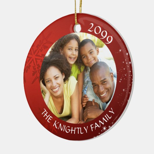 赤いモダンスノーフレーク2フォトファミリー名 セラミックオーナメント (左)