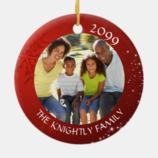 赤いモダンスノーフレーク2フォトファミリー名 セラミックオーナメント (裏面)