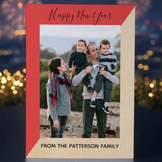 赤いモダンスント新年の写真フラットカード シーズンカード