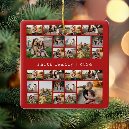 赤いモダンタイプライター家族の写真コラージュ セラミックオーナメント