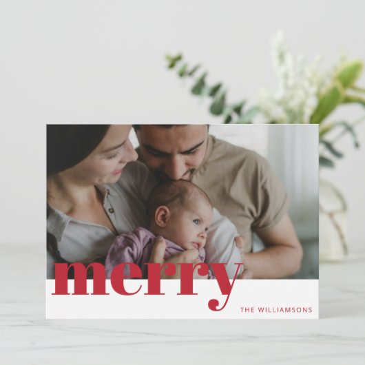 赤いモダンタイポグラフィメリー家族の写真クリスマス シーズンカード (スタンド正面)