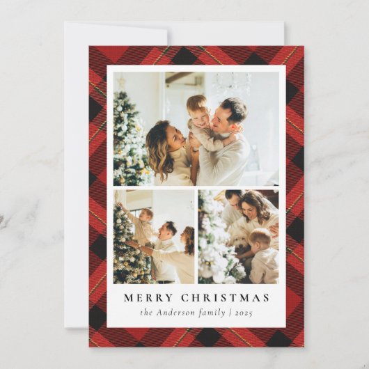赤いモダンタータンチェックの格子模様と写真のコラージクリスマス シーズンカード (正面)