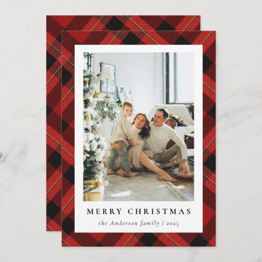赤いモダンタータンチェックの格子模様と家族写真クリスマス シーズンカード (正面/裏面)