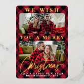 赤いモダンバッファローのプレイドのクリスマスフォト 箔シーズンカード (正面)