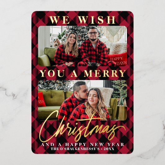 赤いモダンバッファローのプレイドのクリスマスフォト 箔シーズンカード (正面)