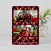 赤いモダンバッファローのプレイドのクリスマスフォト 箔シーズンカード (立ち正面)