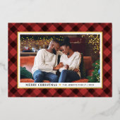 赤いモダンバッファローのプレイドのクリスマスフォト 箔シーズンカード (正面)