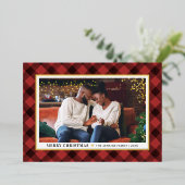 赤いモダンバッファローのプレイドのクリスマスフォト 箔シーズンカード (立ち正面)