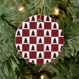 赤いモダンバッファローのプレイドクリスマスツリーパターン セラミックオーナメント