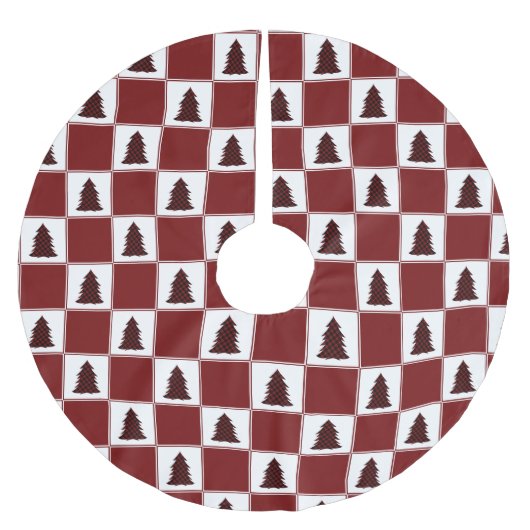 赤いモダンバッファローのプレイドクリスマスツリーパターン ブラッシュドポリエステルツリースカート (正面)