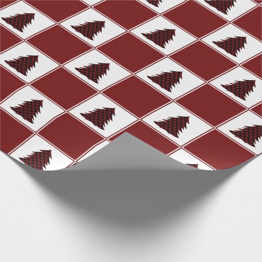 赤いモダンバッファローのプレイドクリスマスツリーパターン ラッピングペーパー (角)