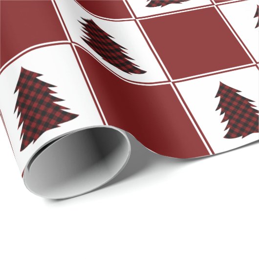 赤いモダンバッファローのプレイドクリスマスツリーパターン ラッピングペーパー (ロールコーナー)
