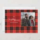 赤いモダンバッファローのプレイドメリークリスマスフォト シーズンカード (裏面)