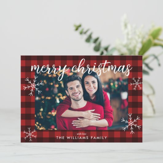 赤いモダンバッファローのプレイドメリークリスマスフォト シーズンカード (スタンド正面)