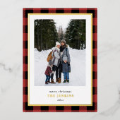 赤いモダンバッファロープレイドクリスマスツーフォト 箔シーズンカード (正面)