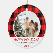 赤いモダンバッファロープレイドクリスマスファミリー写真 セラミックオーナメント (左)