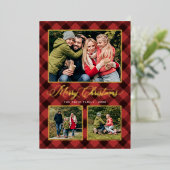 赤いモダンバッファロープレイドクリスマスフォトコラージュ 箔シーズンカード (立ち正面)