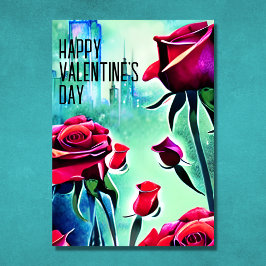 赤いモダンバラとシティスケープのバレンタインデー シーズンカード