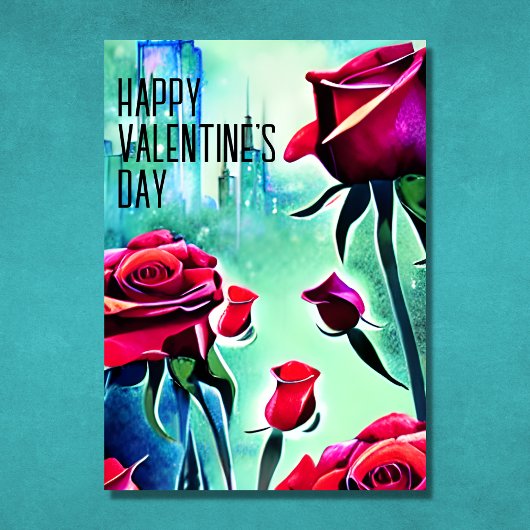 赤いモダンバラとシティスケープのバレンタインデー シーズンカード