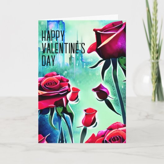 赤いモダンバラ3写真シティスケープバレンタインデー シーズンカード (正面)