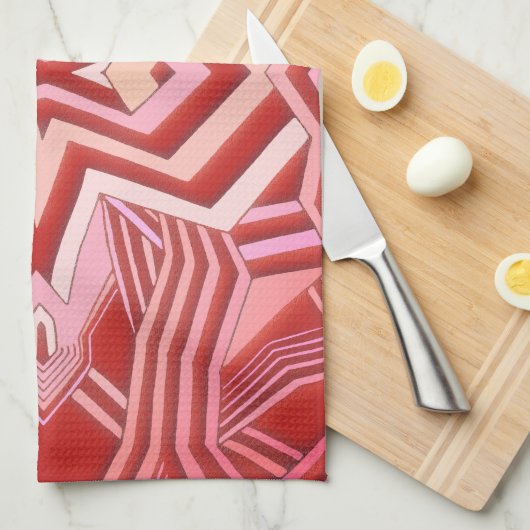 赤いモダンピンクの幾何学的 キッチンタオル (四つ折り)