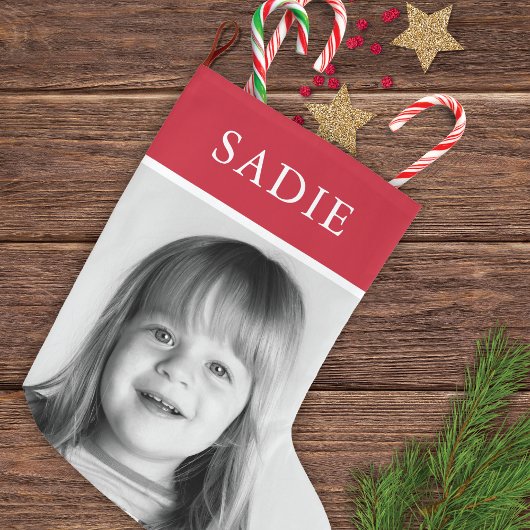 赤いモダンフェスティバル写真+名前の休日 ラージクリスマスストッキング