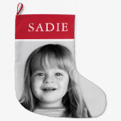 赤いモダンフェスティバル写真+名前の休日 ラージクリスマスストッキング (正面)