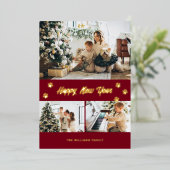 赤いモダンフォトハッピー新年の金ゴールド 箔シーズンカード (立ち正面)
