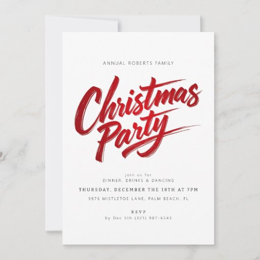 赤いモダンブラシスクリプトクリスマスパーティの招待状 招待状 (正面)
