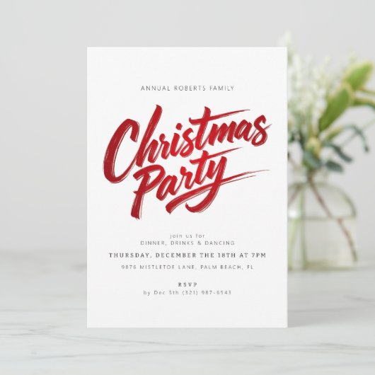 赤いモダンブラシスクリプトクリスマスパーティの招待状 招待状 (スタンド正面)