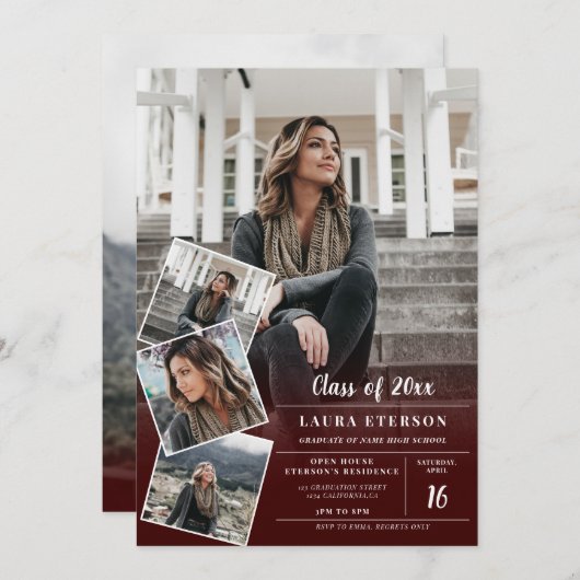 赤いモダンブルゴーニュのミニマル写真卒業 招待状 (正面/裏面)