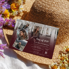 赤いモダンブルゴーニュのミニマル写真卒業 招待状